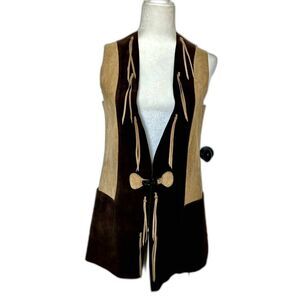 VINTAGE 60's EXCELSIOR Genuine Leather Spain Vest w Tassels Brown Tan Size Med